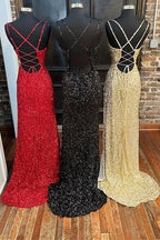 Sequins Queen Anne Lace-Up Long Prom Dress With Slit