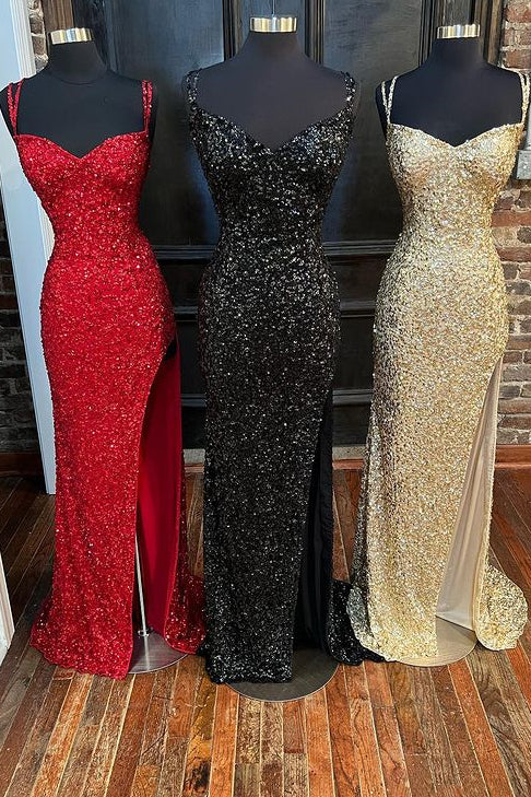 Sequins Queen Anne Lace-Up Long Prom Dress With Slit