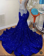 Sequins Royal Blue Long Prom Dress Beaded Wedding Dress Reception Dress Renewal Dress