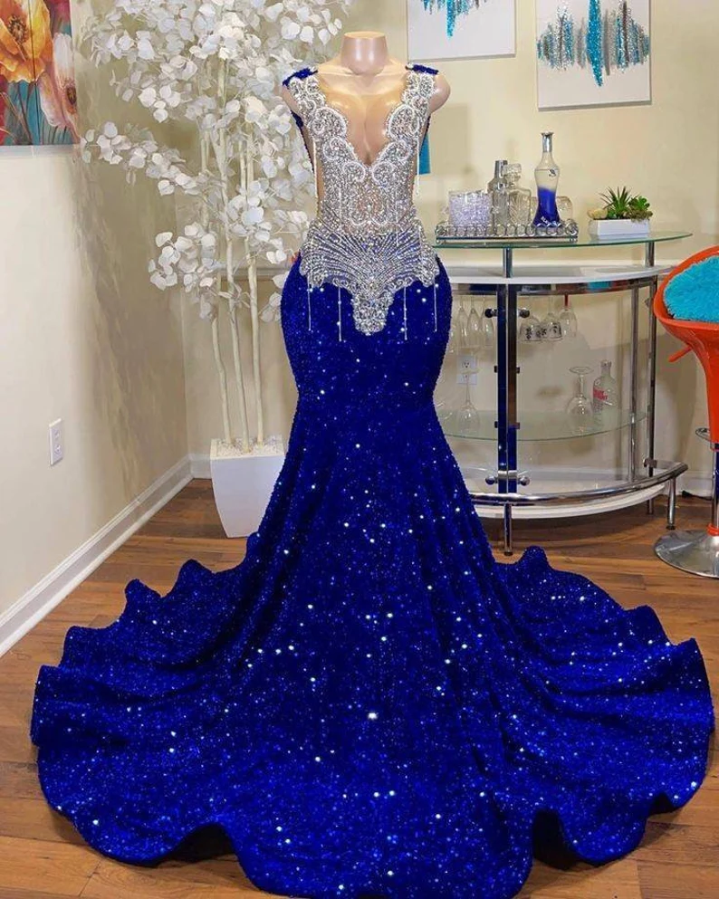 Sequins Royal Blue Long Prom Dress Beaded Wedding Dress Reception Dress Renewal Dress