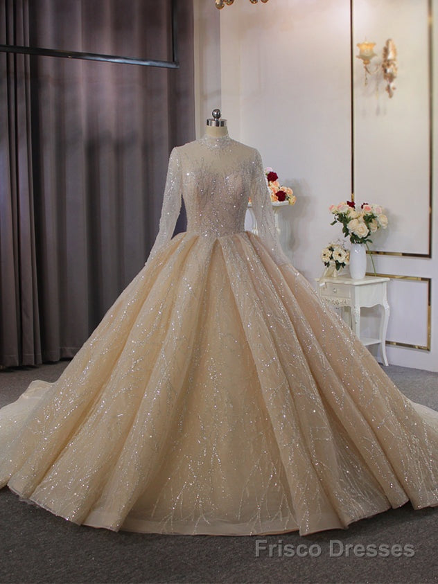 Sequins Tulle High Neck Long Sleeve Beading Wedding Dress