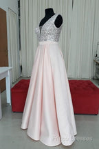 Sequins V-Neck Floor Length Satin Formal Prom Dress