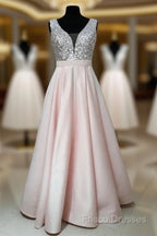 Sequins V-Neck Floor Length Satin Formal Prom Dress