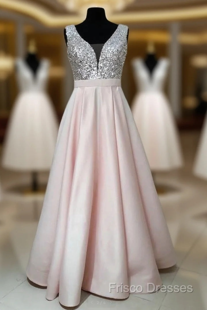 Sequins V-Neck Floor Length Satin Formal Prom Dress
