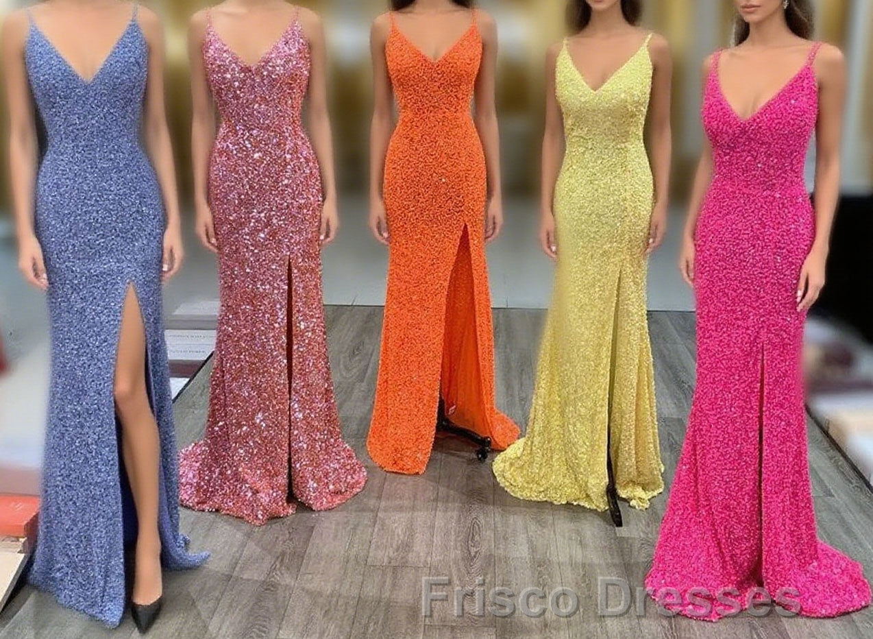 Mermaid Yellow Sequins Long Formal Prom Dress with Slit Main image