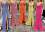 Mermaid Yellow Sequins Long Formal Prom Dress with Slit