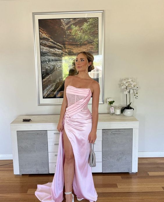 Sexy 17Th Birthday Dresses Stapless Mermaid Prom Dresses For Black Girls Thigh-High Slits Pleats Beading Birthday Outfits