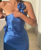 Sexy A Line Backless Royal Blue Satin Prom Dresses