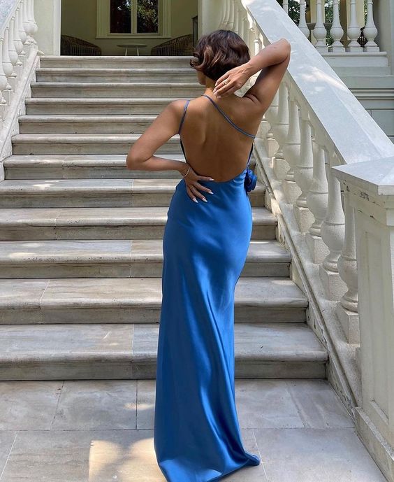 Sexy A Line Backless Royal Blue Satin Prom Dresses Main image