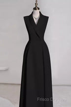 Sexy A Line Black Satin Party Dress Long Formal Prom Dress