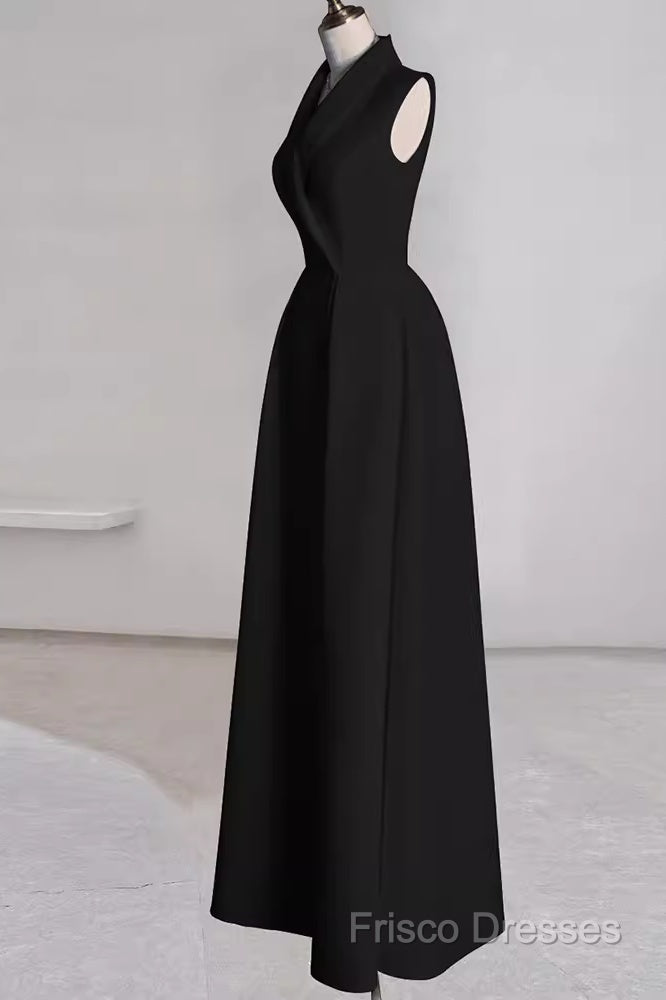 Sexy A Line Black Satin Party Dress Long Formal Prom Dress