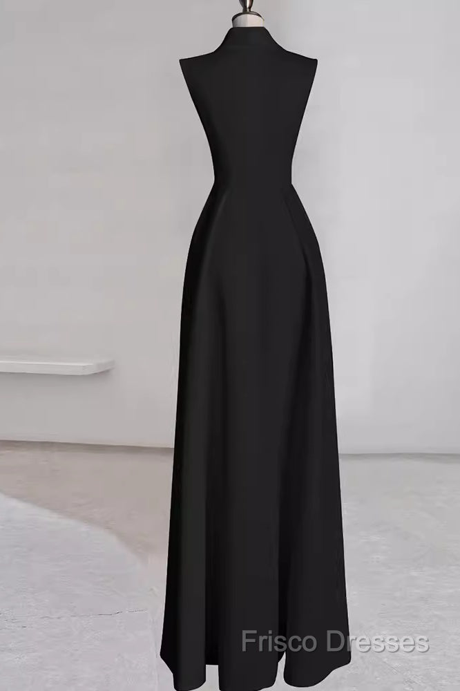 Sexy A Line Black Satin Party Dress Long Formal Prom Dress