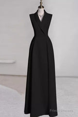 Sexy A Line Black Satin Party Dresses Long Prom Dresses