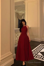 Sexy A Line Boat Neckline Sleeveless Burgundy Ankle Length Prom Dresses Birthday Outfits