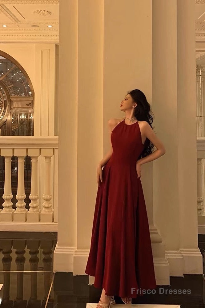 Sexy A Line Boat Neckline Sleeveless Burgundy Ankle Length Prom Dresses Birthday Outfits Main image