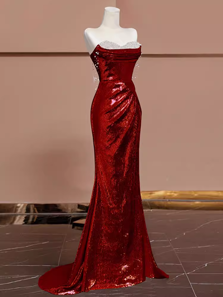 Sexy Mermaid Burgundy Sequin Long Prom Dress