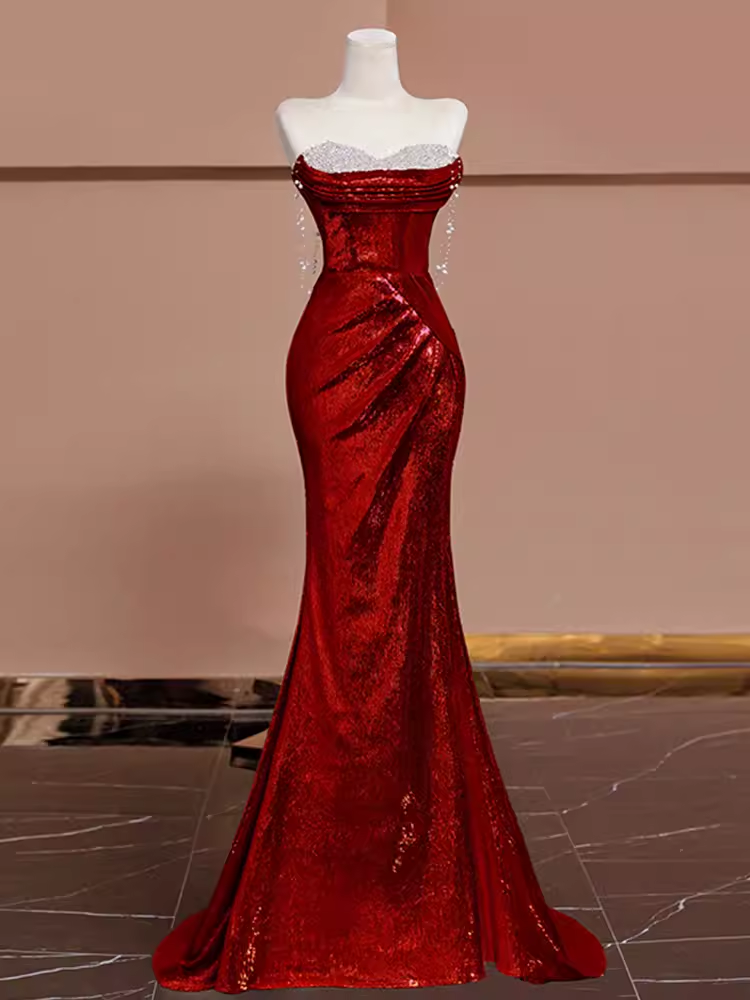 Sexy Mermaid Burgundy Sequin Long Prom Dress Main image