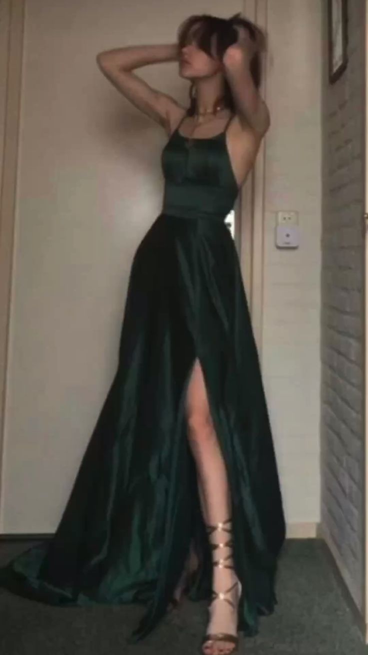 Sexy A Line Halter Dark Green Satin Long Evening Gowns Prom Dresses Secondary image