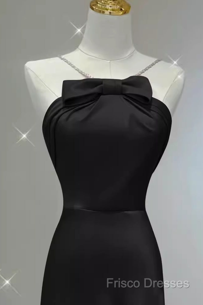 Sexy A Line Halter Long Black Satin Formal Prom Dress