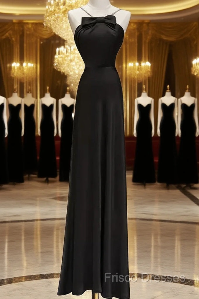 Sexy A Line Halter Long Black Satin Formal Prom Dress Main image