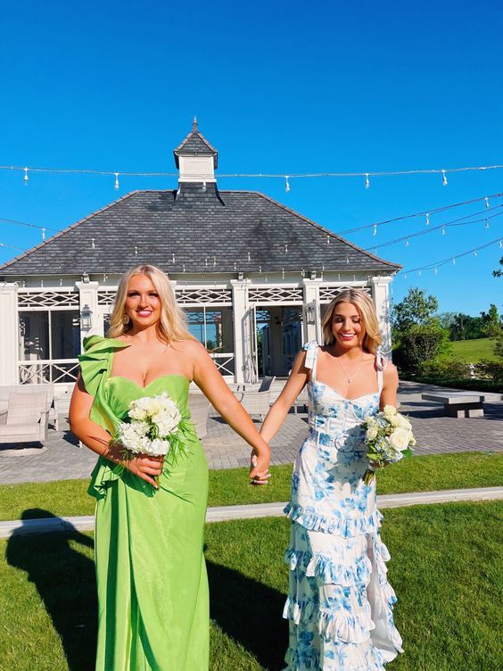 Sexy A Line Long Blue Floral Prom Dress Blue And White Party Dresses
