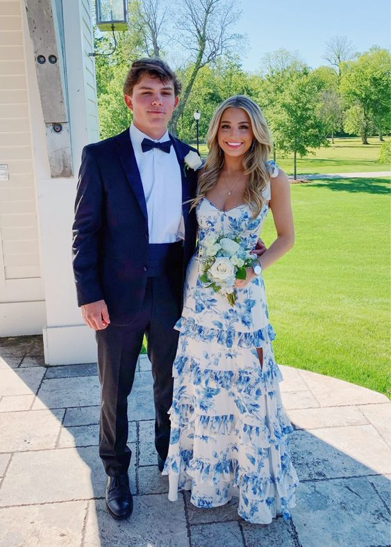 Sexy A Line Long Blue Floral Prom Dress Blue And White Party Dresses