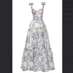 Sexy A Line Long Blue Floral Prom Dress Blue And White Party Dresses