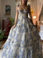 Sexy A Line Long Blue Floral Prom Dress Blue And White Party Dresses