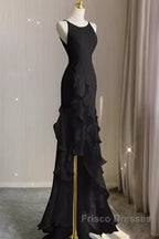 Sexy A Line Long Senior Chiffon Black Formal Prom Dress Formal Dress