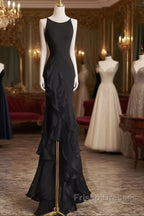 Sexy A Line Long Senior Chiffon Black Formal Prom Dress Formal Dress