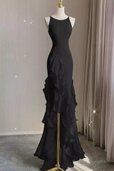 Sexy A Line Long Senior Chiffon Black Prom Dress Formal Dress
