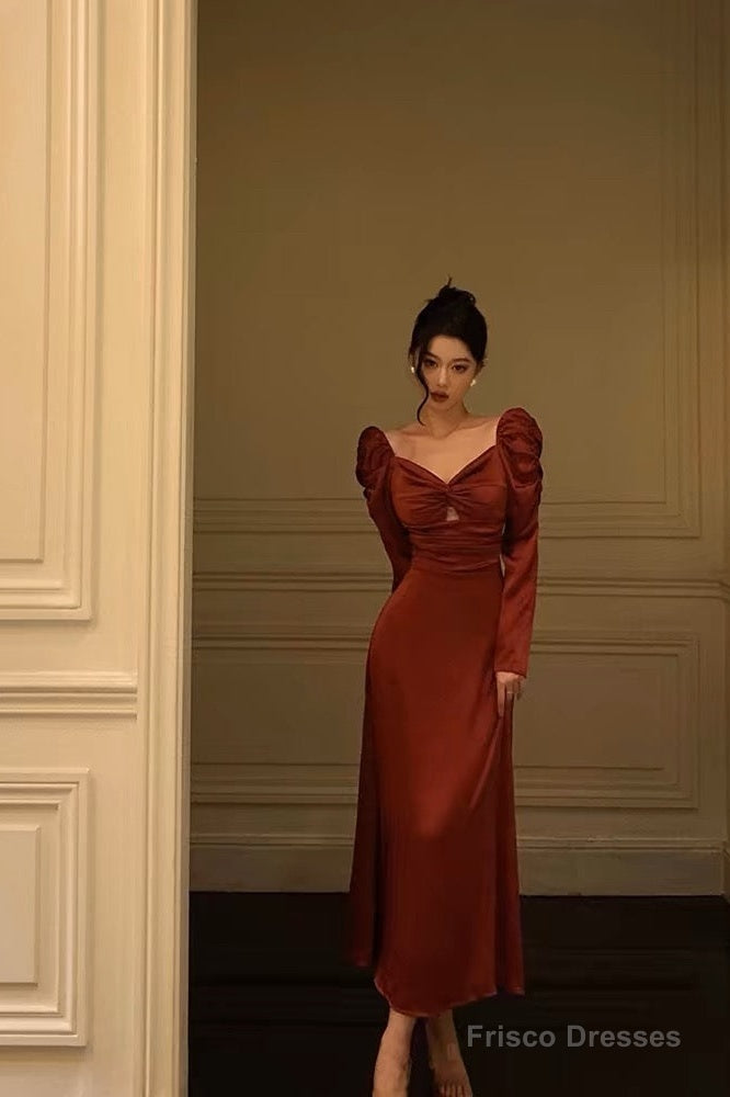 Sexy A Line Long Sleeves Red Satin Prom Dresses Birthday Outfits