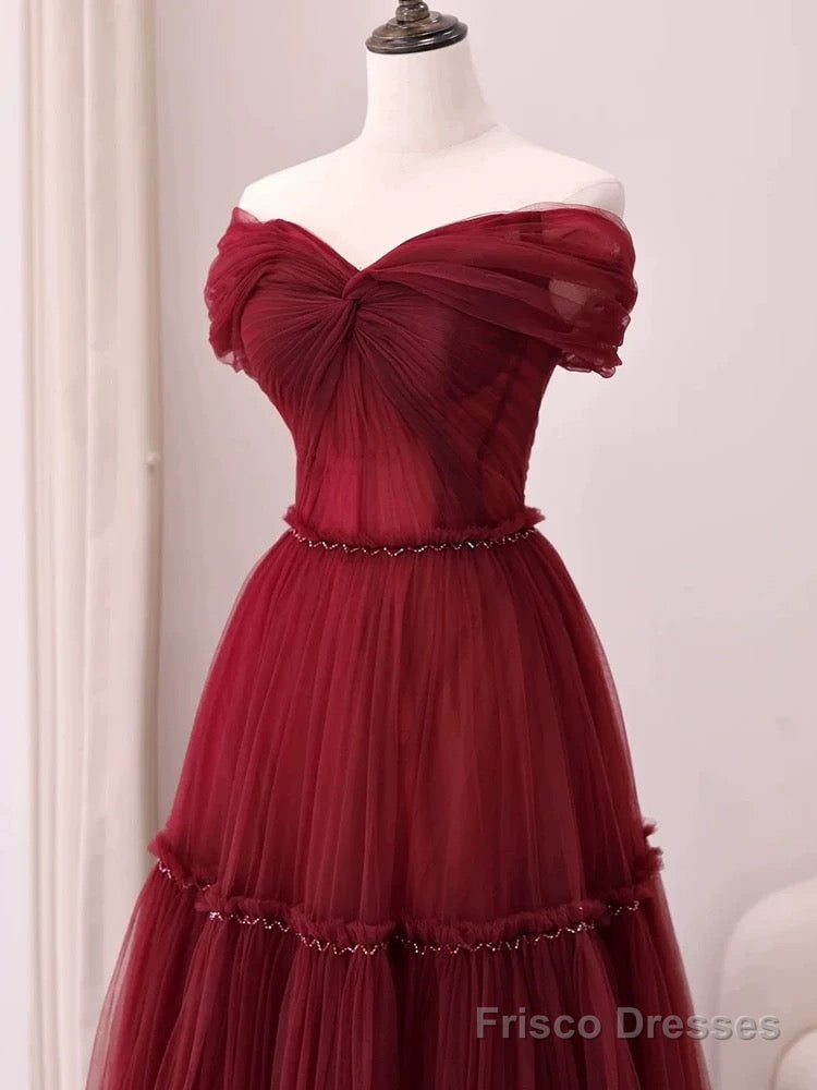 Sexy A Line Off The Shoulder Burgundy Tulle Floor Length Evening Dress Prom Dresses