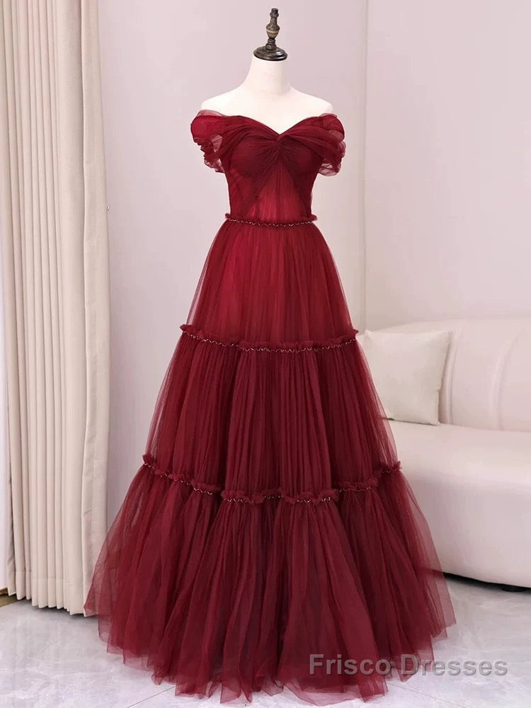 Sexy A Line Off The Shoulder Burgundy Tulle Floor Length Evening Dress Prom Dresses Main image