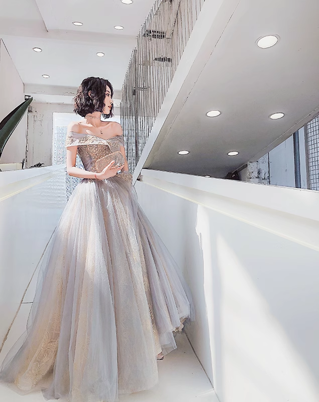 Sexy A line Off The Shoulder Gray Blue Prom Dresses Lace Long Prom Gown