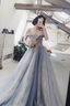 Sexy A line Off The Shoulder Gray Blue Prom Dresses Lace Long Prom Gown