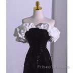 Sexy A Line Off The Shoulder Long Black Sequin Formal Prom Dress