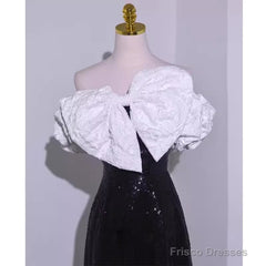 Sexy A Line Off The Shoulder Long Black Sequin Prom Dress