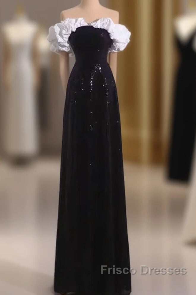 Sexy A Line Off The Shoulder Long Black Sequin Formal Prom Dress Main image