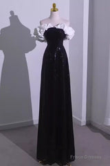 Sexy A Line Off The Shoulder Long Black Sequin Prom Dress
