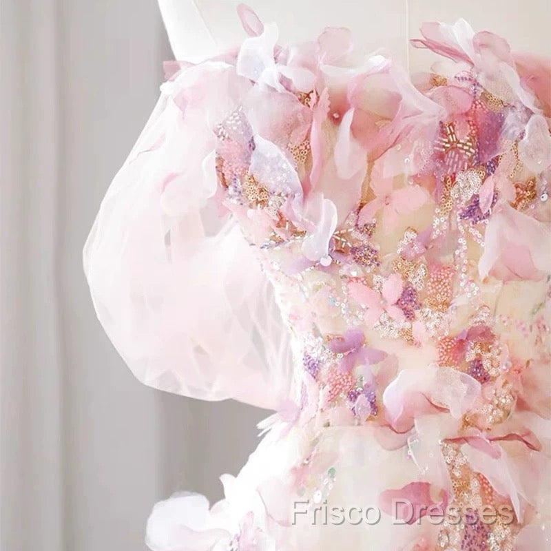 Sexy A Line Off The Shoulder Pink Tulle Floor Length Floral Formal Prom Dress Secondary image