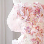 Sexy A Line Off The Shoulder Pink Tulle Floor Length Floral Formal Prom Dress