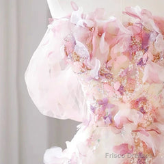 Sexy A Line Off The Shoulder Pink Tulle Floor Length Floral Prom Dresses