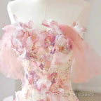 Sexy A Line Off The Shoulder Pink Tulle Floor Length Floral Formal Prom Dress