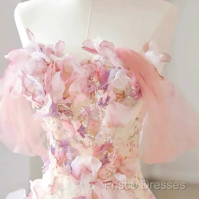 Sexy A Line Off The Shoulder Pink Tulle Floor Length Floral Formal Prom Dress