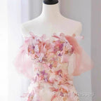 Sexy A Line Off The Shoulder Pink Tulle Floor Length Floral Formal Prom Dress