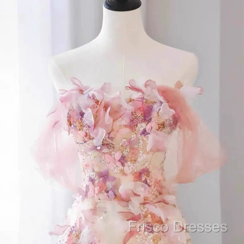 Sexy A Line Off The Shoulder Pink Tulle Floor Length Floral Formal Prom Dress