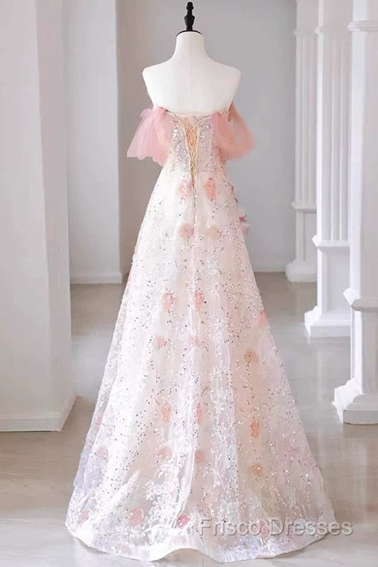 Sexy A Line Off The Shoulder Pink Tulle Floor Length Floral Formal Prom Dress
