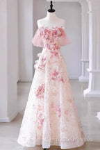 Sexy A Line Off The Shoulder Pink Tulle Floor Length Floral Formal Prom Dress