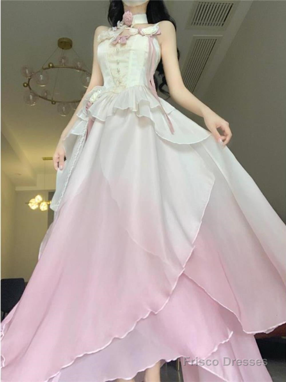 Sexy A Line Ombre Pink Chiffon Dress Long Prom Dresses Night Dress Birthday Outfits Secondary image